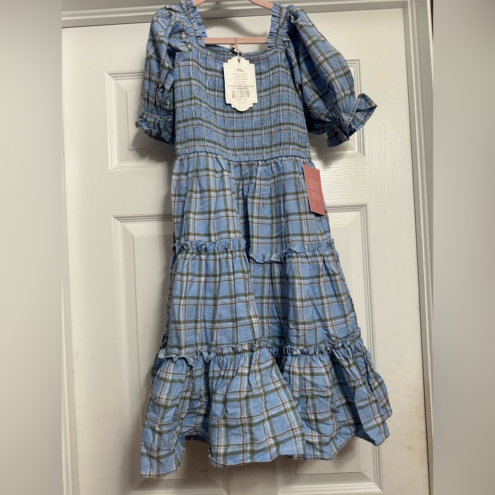 Ivy City Co mini Madeline Light Blue and  Plaid Tiered Dress